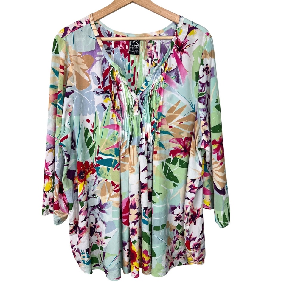 Casual Studio Women 2X Floral Tunic Blouse Pintuck Pleat 3/4 Sleeve Tropical Top